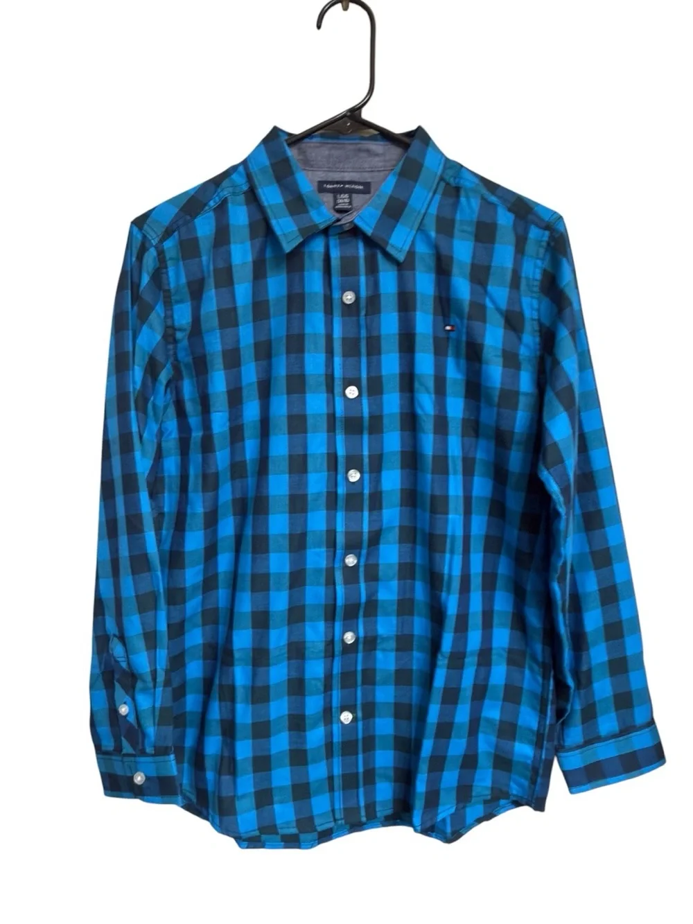 Tommy Hilfiger Boy’s Medieval Blue Twill Check Long Sleeve Button Up Shirt EUC